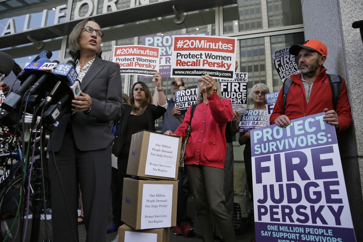 Protesters urging a California agency to take action against judge Persky.