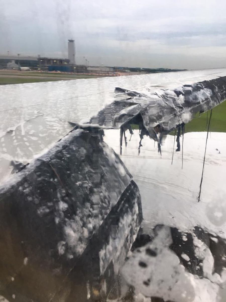 The plane's wing after the blaze was put out.