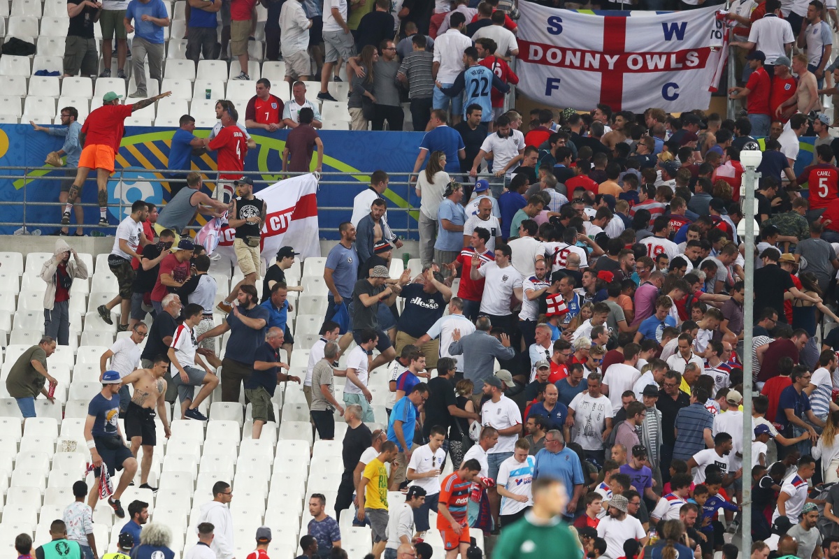 Fans clash after the Euro 2016 match between England and Russia.