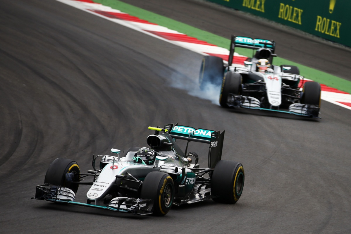Nico Rosberg leading teammate Lewis Hamilton before last-lap collision.