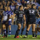 Ethan Lowe celebrates scoring against the Bulldogs