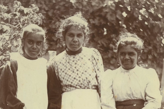 Mena Cameron (daughter of Bessy Flowers), Lydia Gilbert and Annie Harrison, c.1898. Photo: Strathfieldsaye Estate Collection (1976.0013). University of Melbourne Archives, PA.198 p.9 (Ramahyuck Album 8.4.9)