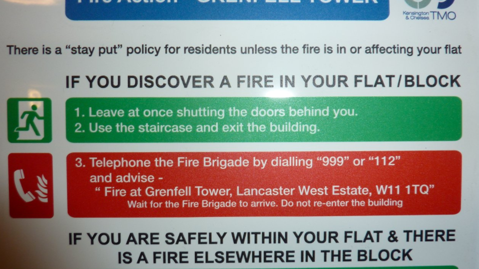 A sign in the Grenfell apartment block
