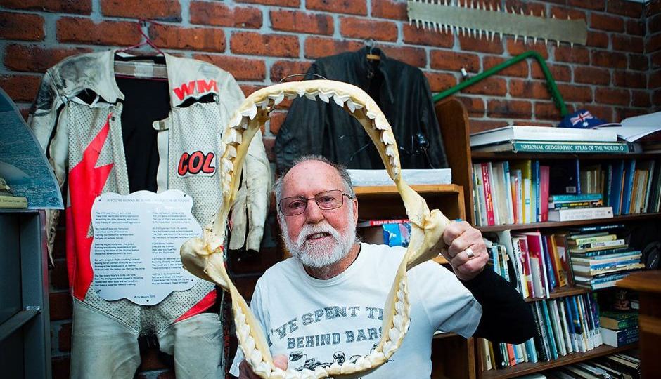 Col Meyers and the jaws of a tiger shark
