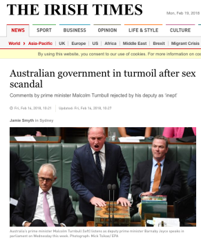 A screenshot of the Irish Times article on the Barnaby Joyce scandal
