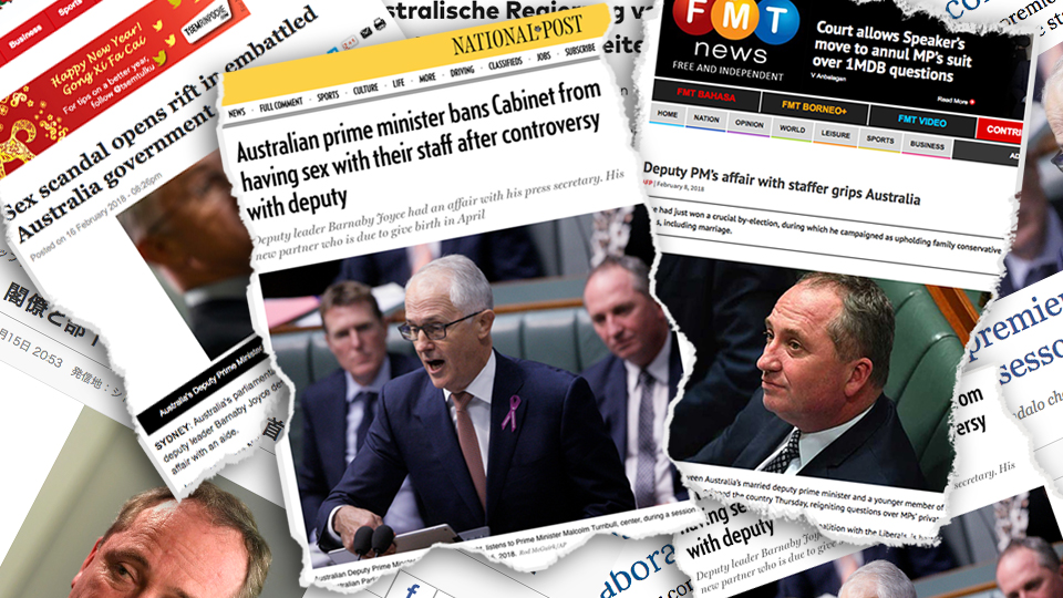 Clippings of international news articles detailing the Barnaby Joyce sex scandal