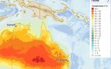 A weather bureau prediction map shows the extent of the severe heat expected on Sunday. Supplied: BOM