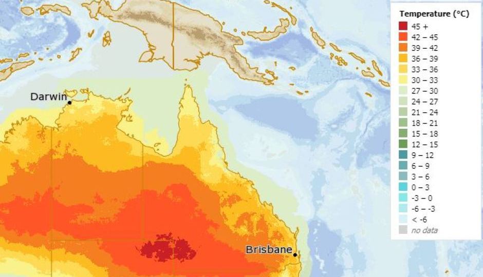 A weather bureau prediction map shows the extent of the severe heat expected on Sunday. Supplied: BOM