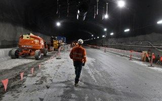 A construction worker is seen at a new stretch of tunnel between Concord and Haberfield for the WestConnex project in December last year.
