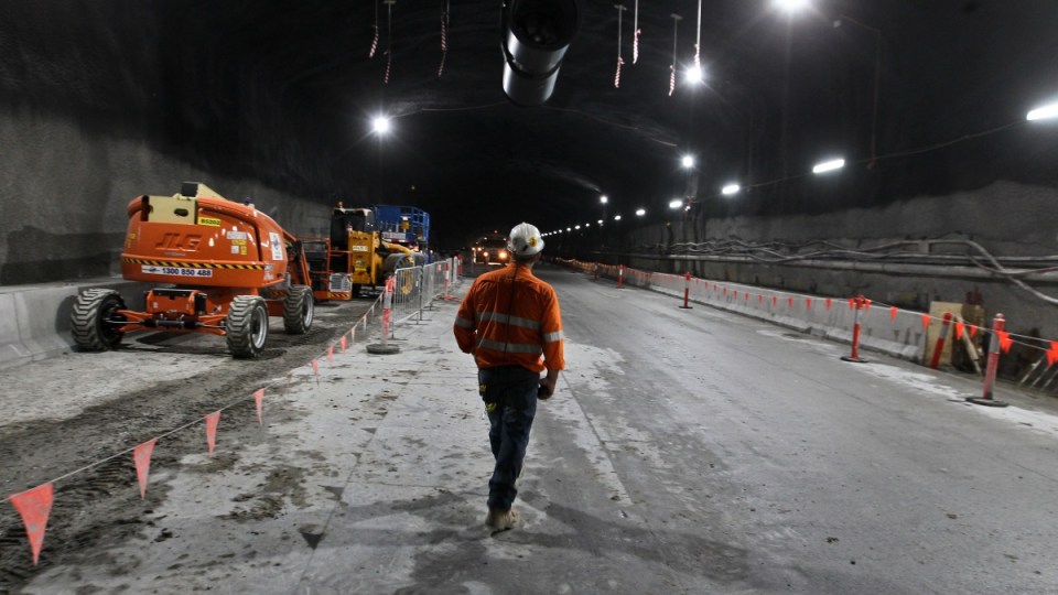 A construction worker is seen at a new stretch of tunnel between Concord and Haberfield for the WestConnex project in December last year.