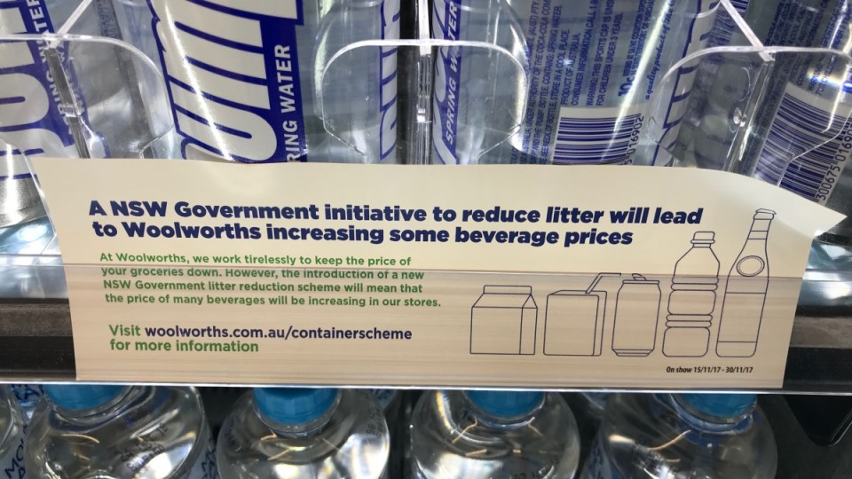 a notice seen across NSW Woolworths supermarkets in relation to the NSW Governments "Cash-for-Cans" scheme
