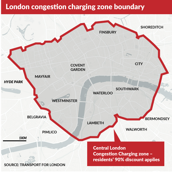 A map of London's congestion charge zone.