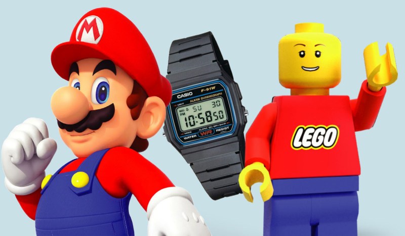 1990s retro icons Mario, Casio, and LEGO