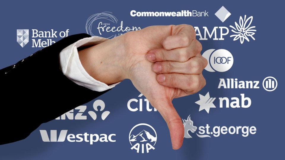 Logos of major Australian financial institutions and a thumbs down.