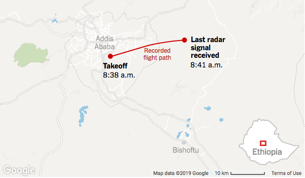 Flight path map of Ethiopian Airlines crash