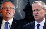 Scott Morrison and Bill Shorten in front of a spooky house.
