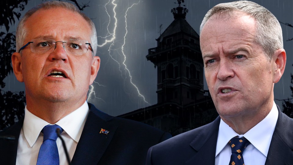 Scott Morrison and Bill Shorten in front of a spooky house.