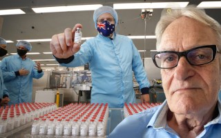 Scott Morrison holds a COVID vaccine vile. Dennis Atkins' headshot is in the corner.
