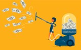 A businesswoman uses a vacuum labelled 'superannuation' to collect money.