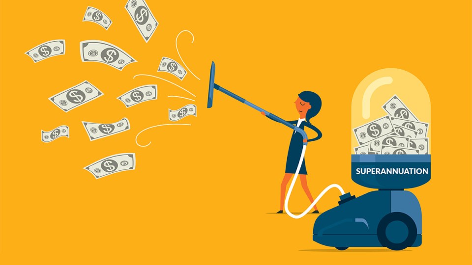 A businesswoman uses a vacuum labelled 'superannuation' to collect money.