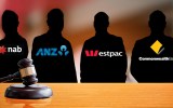 Four silhouettes of bankers behind a court house desk.