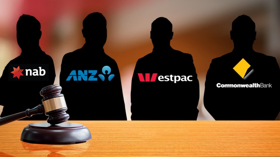 Four silhouettes of bankers behind a court house desk.