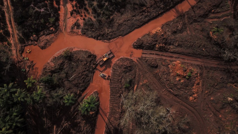 An aerial shot of the Córrego do Feijão mine disaster.