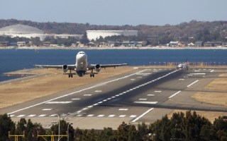 A plane takes off.