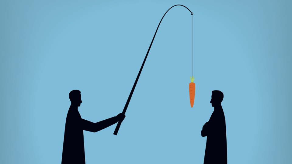 Two silhouettes, one of which has a carrot on a fishing rod.