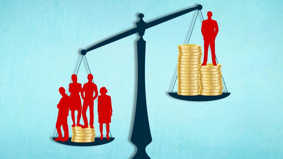 A scale showing a rich man being hoisted above his poorer peers.