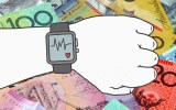 A hand checking his pulse over a stack of money.
