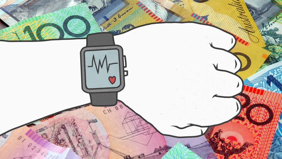 A hand checking his pulse over a stack of money.