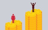 Women and men on sized money stacks