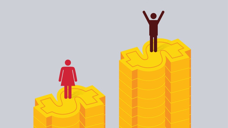 Women and men on sized money stacks