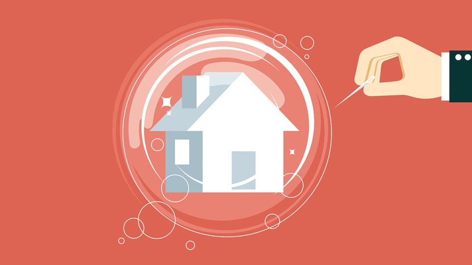 House in bubble popped by suit man.