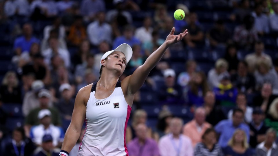 Ash Barty serving at the 2019 US Open.