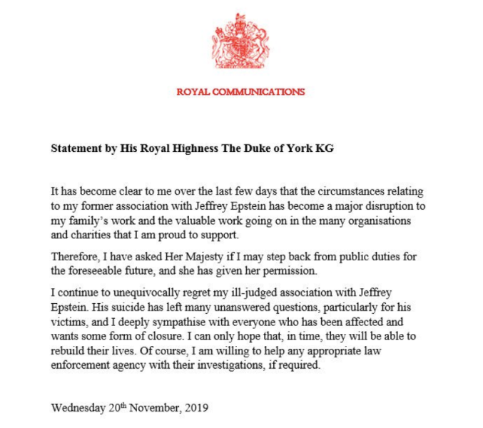 Prince Andrew statement