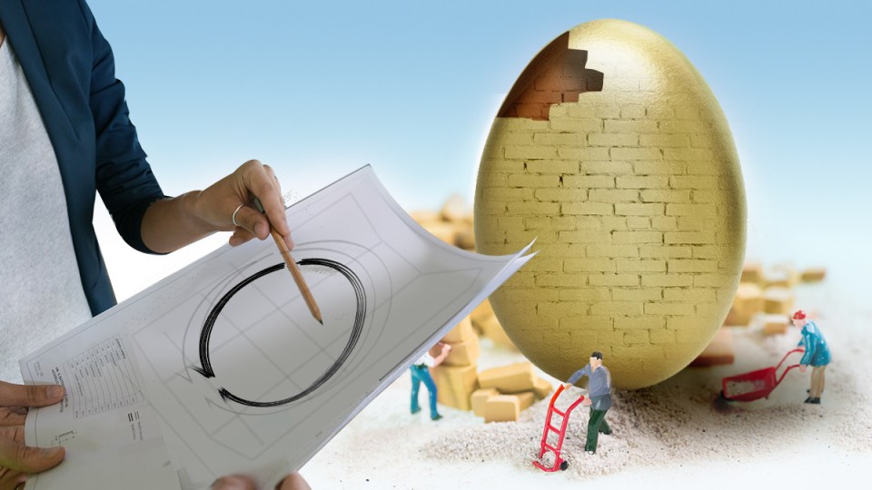 A gold egg under construction.