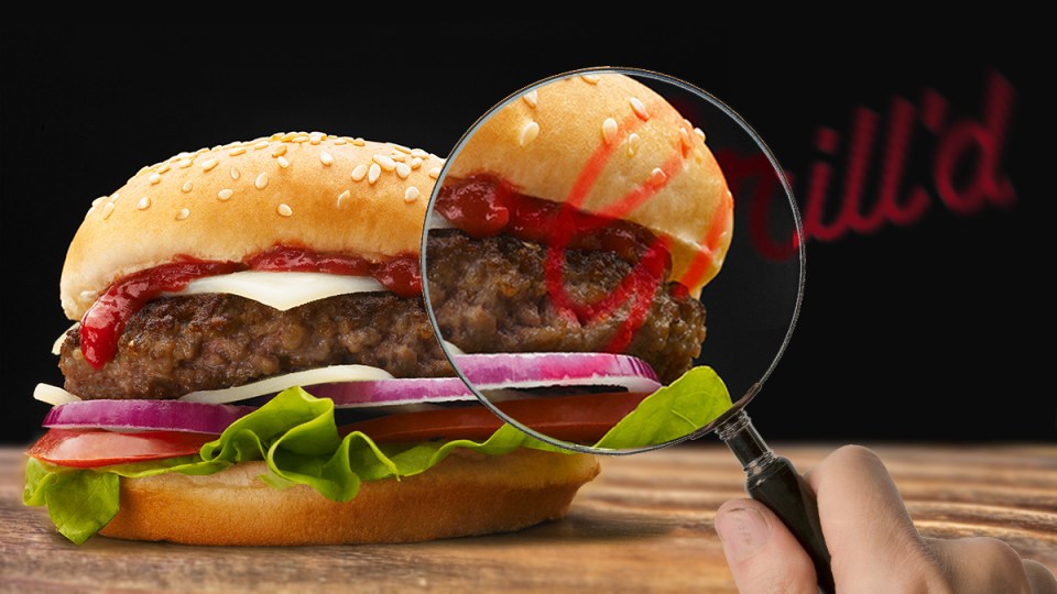 A grill'd burgerbeing investigated by a magnifying glass.