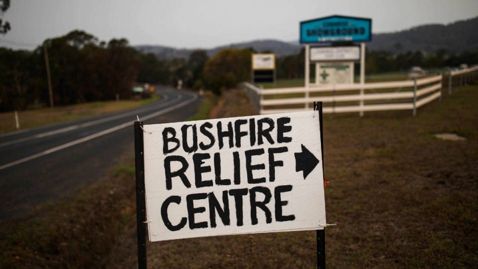 A sign points the way to Cobargo's bushfire relief centre.