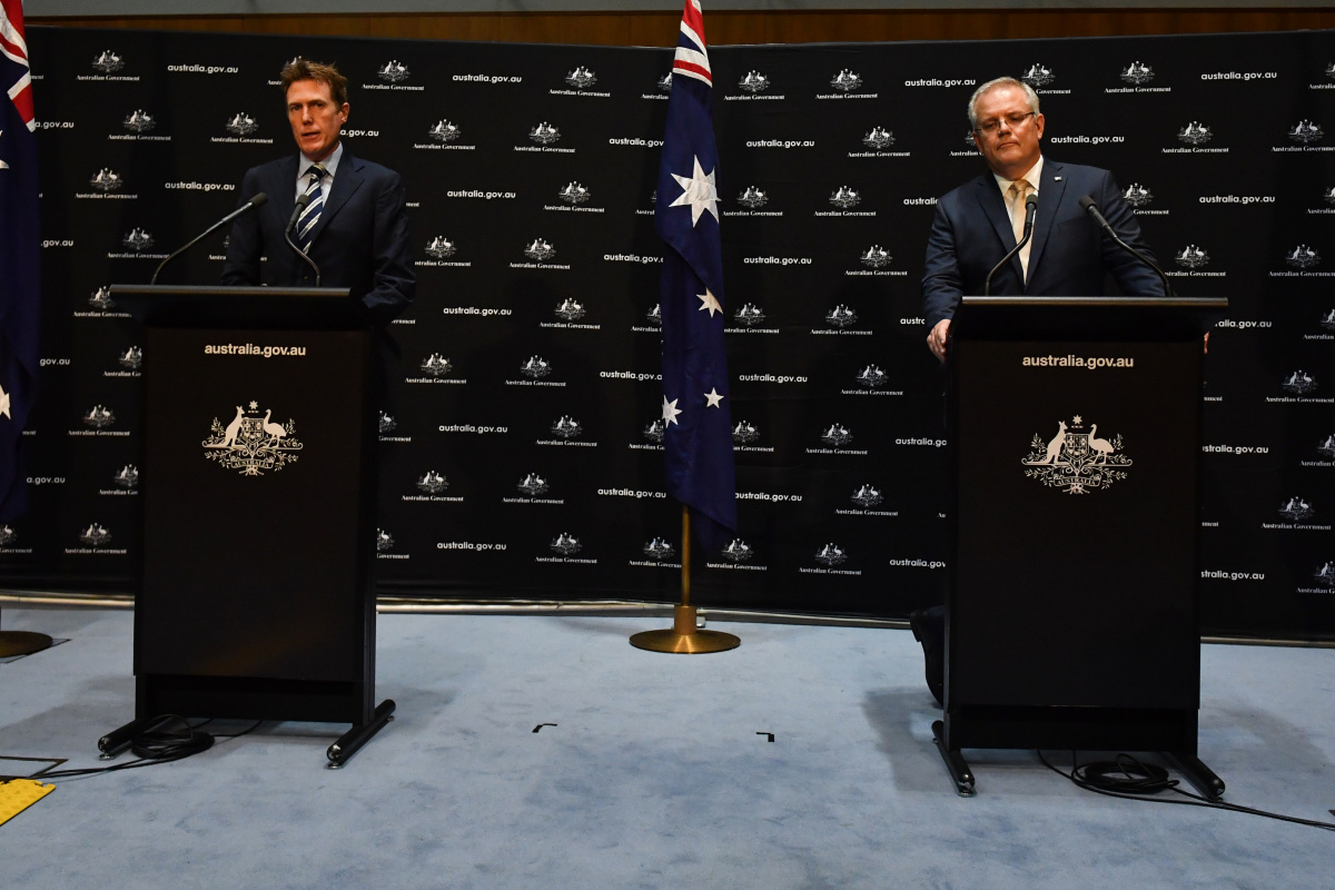 Attorney-General Christian Porter and Prime Minister Scott Morrison at a press conference.