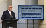Australian Prime Minister Scott Morrison speaks to the media during a press conference at Parliament House in Canberra, Friday, May 8, 2020