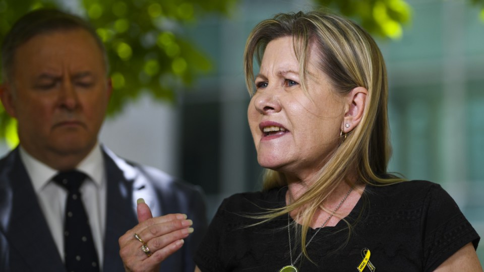 Julie-Ann Finney, mother of the late veteran Dave Finney speaks during a press conference at Parliament House in Canberra, Tuesday, December 1, 2020.