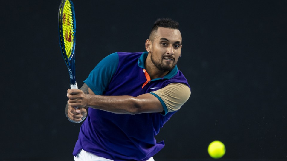 Nick Kyrgios of Australia prepares to serve against Harry Bourcher of Australia during day three of the ATP 250 Great Ocean Road Open at Melbourne Park on February 03, 2021 in Melbourne