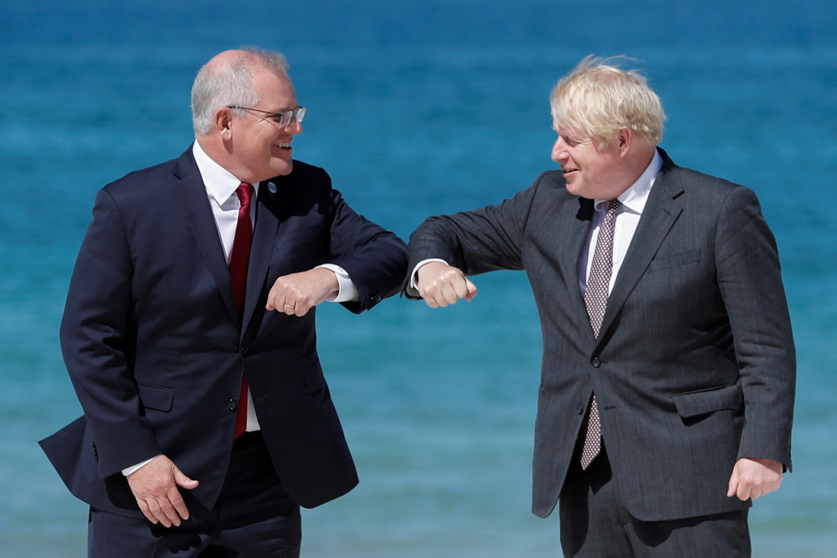 Prime Minister Scott Morrison greeting UK Prime Minister Boris Johnson.