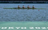 Members of Australia's rowing team take part in a training session at the Sea Forest Waterway in Tokyo on July 21, 2021, ahead of the Tokyo 2020 Olympic Games