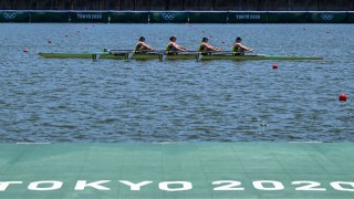 Members of Australia's rowing team take part in a training session at the Sea Forest Waterway in Tokyo on July 21, 2021, ahead of the Tokyo 2020 Olympic Games