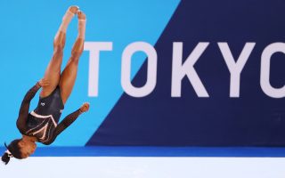 Simone Biles of Team United States trains in the floor exercise during Women's Podium Training ahead of the Tokyo 2020 Olympic Games at Ariake Gymnastics Centre on July 22, 2021 in Tokyo, Japan.