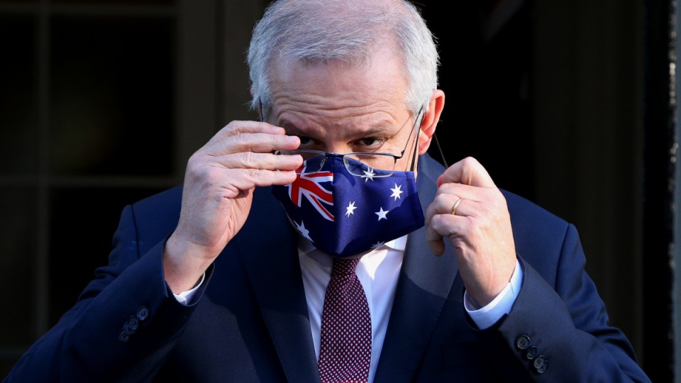 Prime Minister Scott Morrison is seen wearing a face mask during a press conference at Kirribilli House on July 16, 2021 in Sydney