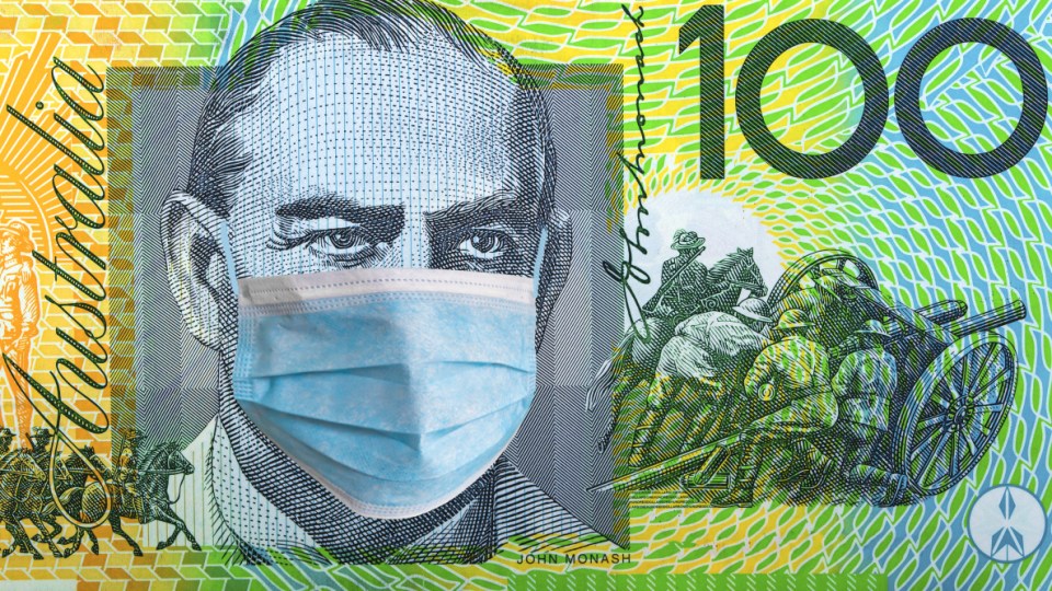 Australia quarantine, 100 dollar banknote with medical mask. The concept of epidemic and protection against coronavrius. - stock photo